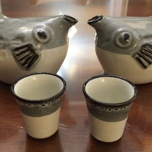 Ceramic Stoneware Puffer Fish Sake set 4 Blue Grey mid century